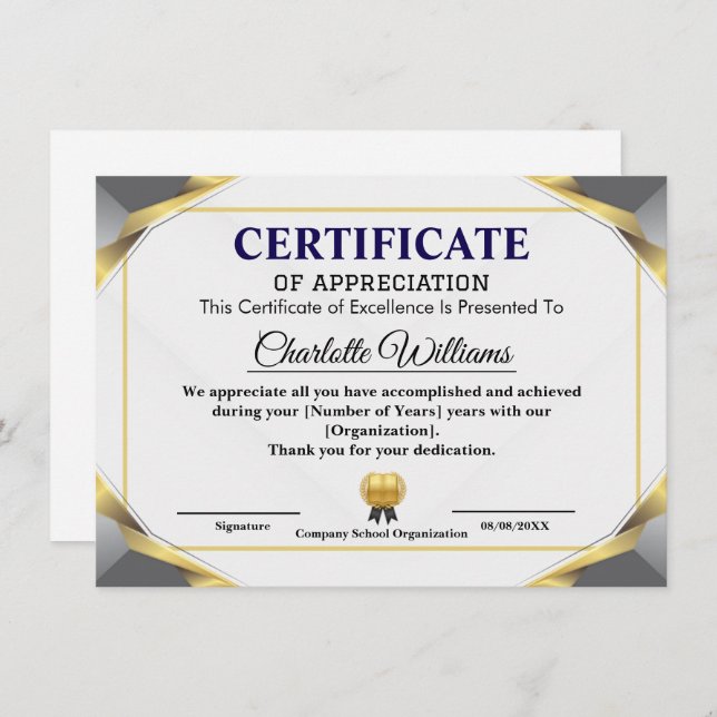 Elegant Certificate of Appreciation Award Template Begleitkarte (Vorne/Hinten)