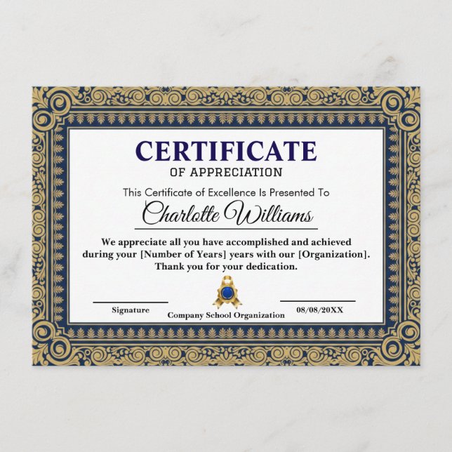 Elegant Certificate of Appreciation Blue Gold Begleitkarte (Vorderseite)