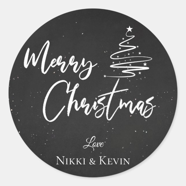 Elegant Chalkboard Script Merry Christmas Tree Runder Aufkleber (Vorderseite)