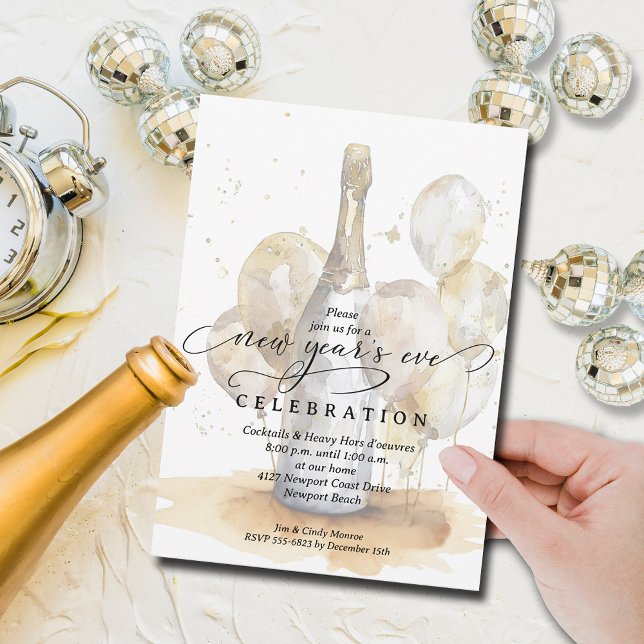 Elegant Champagne and Balloons New Year's Eve Einladung (Champagne bottle and gold balloons New Year's Eve party invitations, PRINTED and/or INSTANT DOWNLOAD)