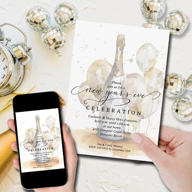 Elegant Champagne and Balloons New Year's Eve Einladung (Champagne bottle and gold balloons New Year's Eve party invitations, PRINTED and/or INSTANT DOWNLOAD)