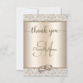 Elegant Champagne Damask Monogram Wedding Dankeskarte