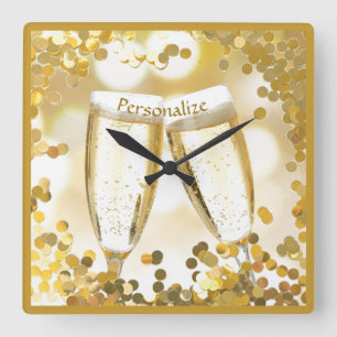 Elegant Champagne Glasses Celebrate Gold Confetti Quadratische Wanduhr