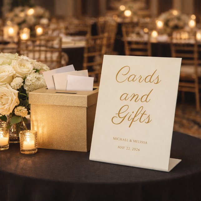 Elegant Champagne Gold Guest Book Reception Sign Sockelschild (Elegant champagne gold cards and gifts sign displayed on an anniversary gift table)