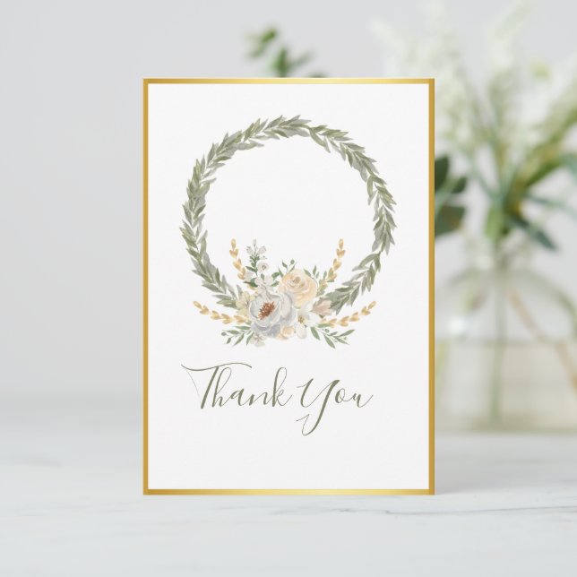 Elegant Champagne Ivory Floral Script Vielen Dank Dankeskarte (Stehend Vorderseite)