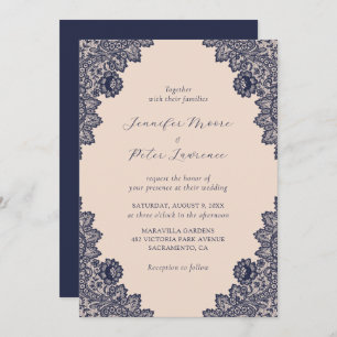 Elegant Champagne Navy Blue Lace Wedding Einladung