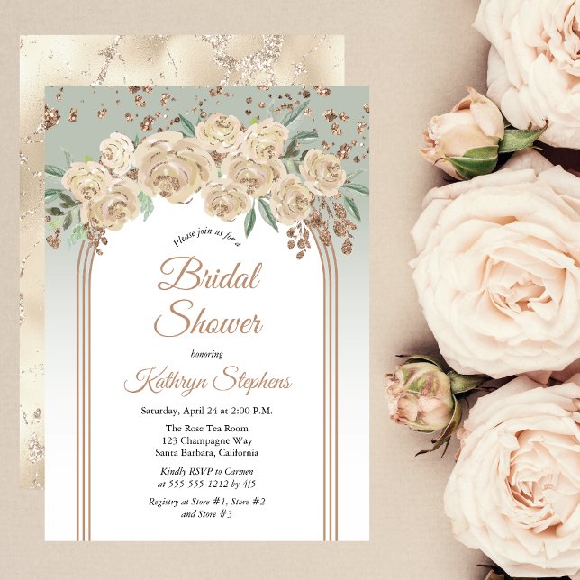 Elegant Champagne | Sage Floral Brautparty Einladung (Champagne Roses and Sage Green Floral Bridal Shower Invitation with Faux Rose Gold Glitter Accents)