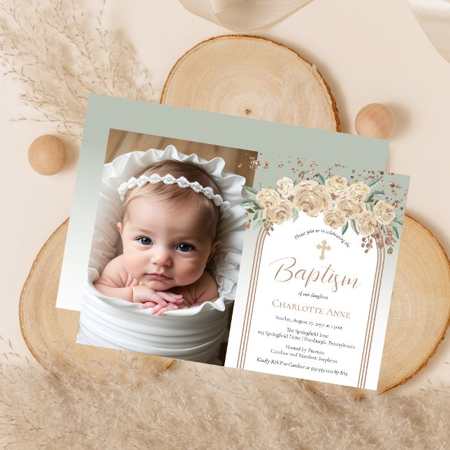 Elegant Champagne | Sage Floral Foto Taufe Einladung (Elegant Champagne Roses and Sage Floral Photo Baptism Invitation)