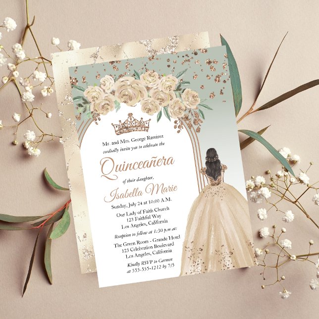 Elegant Champagne | Sage Floral Quinceañera Party Einladung (Elegant Champagne Color and Sage Green with Faux Rose Gold Glitter Brunette Quinceañera Invitation)