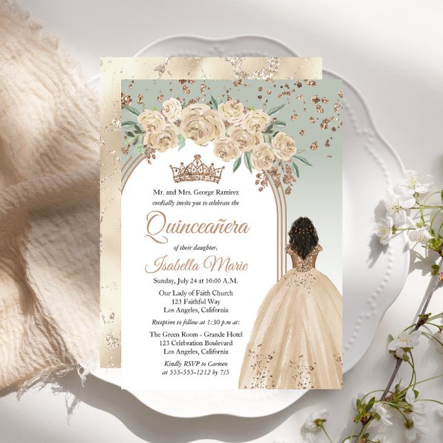 Elegant Champagne | Sage Floral Quinceañera Party Einladung (Elegant Champagne Color and Sage Green with Faux Rose Gold Glitter Brunette Quinceañera Invitation)