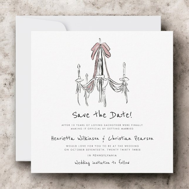 Elegant Chandelier Pink Bow Sketch Save the Date (Von Creator hochgeladen)