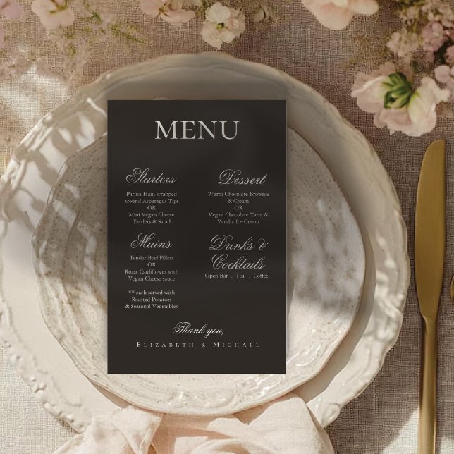 Elegant Charcoal Gold Boho Minimalist Wedding Menu (Von Creator hochgeladen)