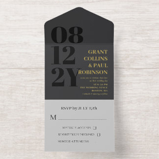 Elegant Charcoal & Gold Typography Wedding All-in-One-Einladung