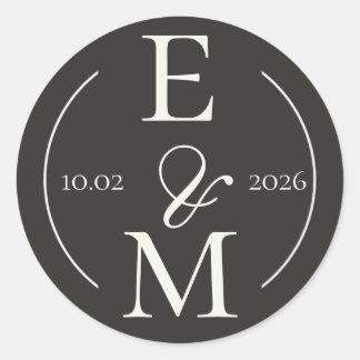 Elegant Charcoal Modern Monogram Date Wedding Runder Aufkleber