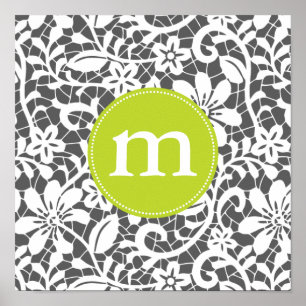 Elegant Charcoal Retro Lace Personalized Monogram Poster