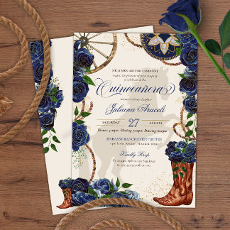 Elegant Charro Blue Rose Western Boots Quinceanera Einladung