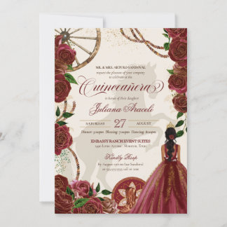 Elegant Charro Burgundy Rose Western Quinceanera Einladung