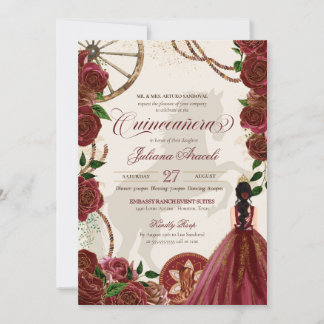 Elegant Charro Burgundy Rose Western Quinceanera Einladung