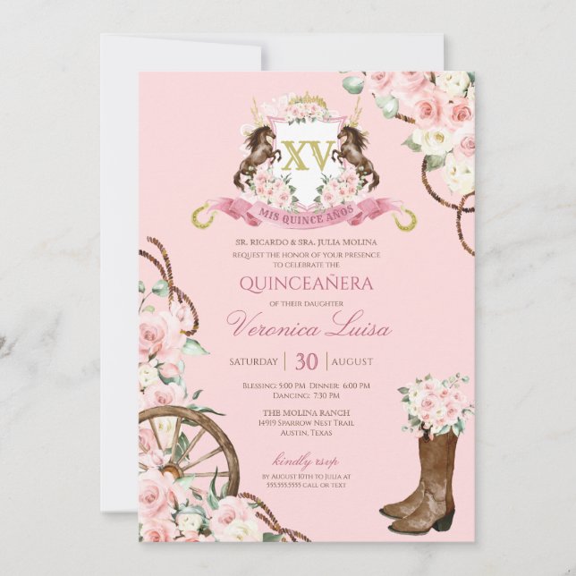 Elegant Charro Quinceanera Weißrosa Flora Invit Einladung (Vorderseite)