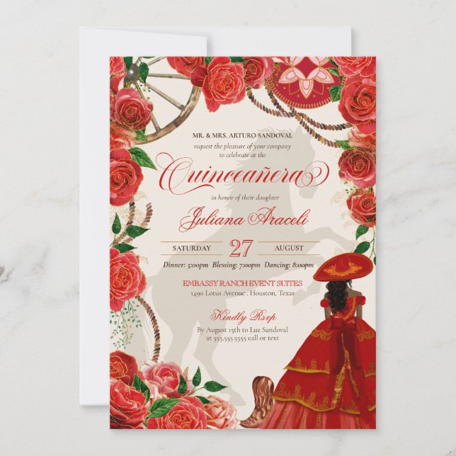 Elegant Charro Rote Rosen Mariachi Quinceañera Einladung (Vorderseite)