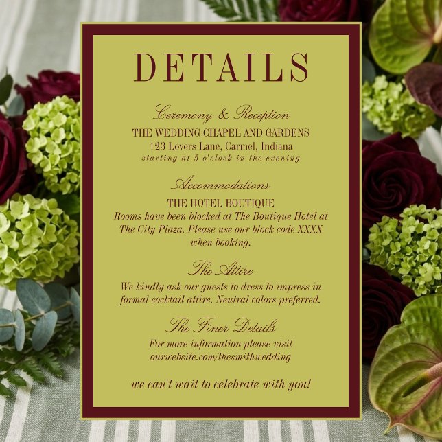 Elegant Chartreuse Burgundy Wedding Details Begleitkarte (Elegant Chartreuse Burgundy Wedding Details Enclosure Card)