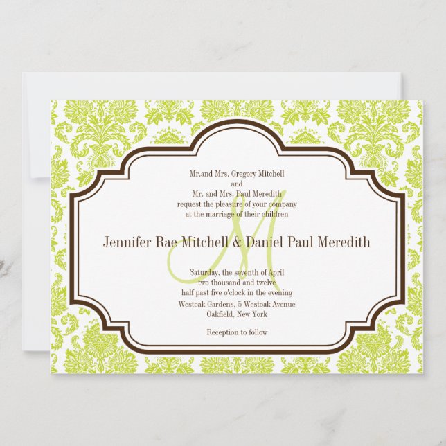 Elegant Chartreuse Damask Hochzeitseinladungen Einladung (Vorderseite)