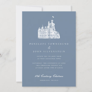 Elegant Château Illustration Französisch Blue Wedd Einladung