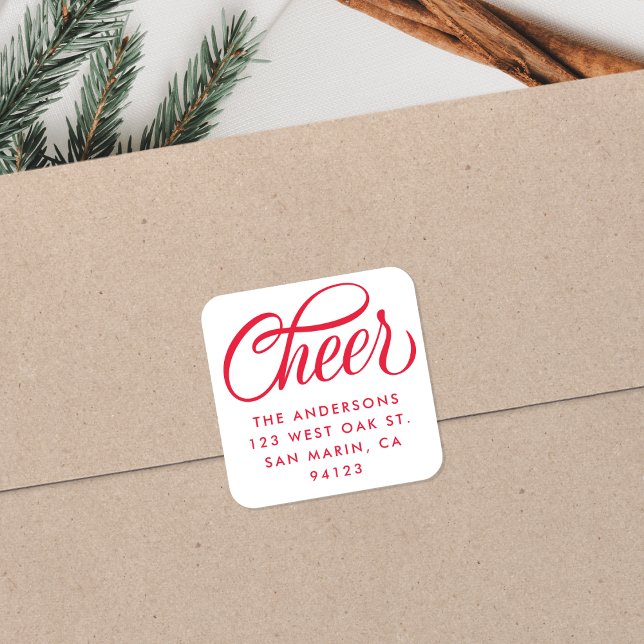 Elegant Cheer Script Weihnachts-Rücksendeadresse Quadratischer Aufkleber (Von Creator hochgeladen)