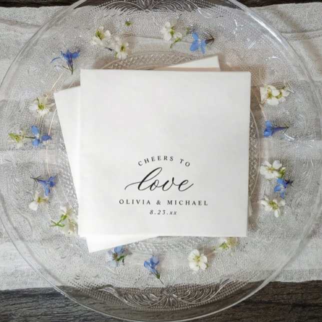Elegant Cheers to Love Old Money Classic Wedding Serviette (Black and white wedding cocktail napkins with cheers to love in elegant calligraphy)