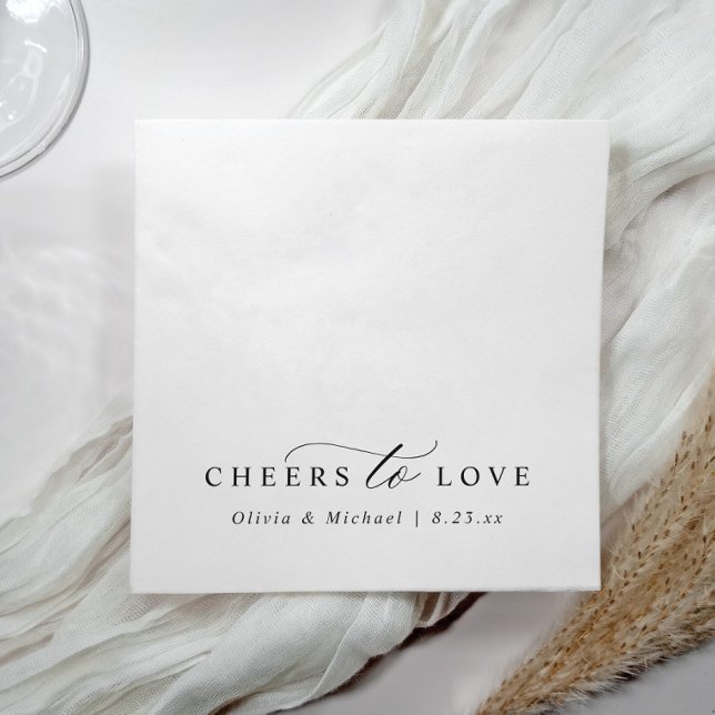 Elegant Cheers to Love Simple Black White Wedding Serviette (Black and white wedding napkins with elegant calligraphy reading “cheers to love” in modern style)
