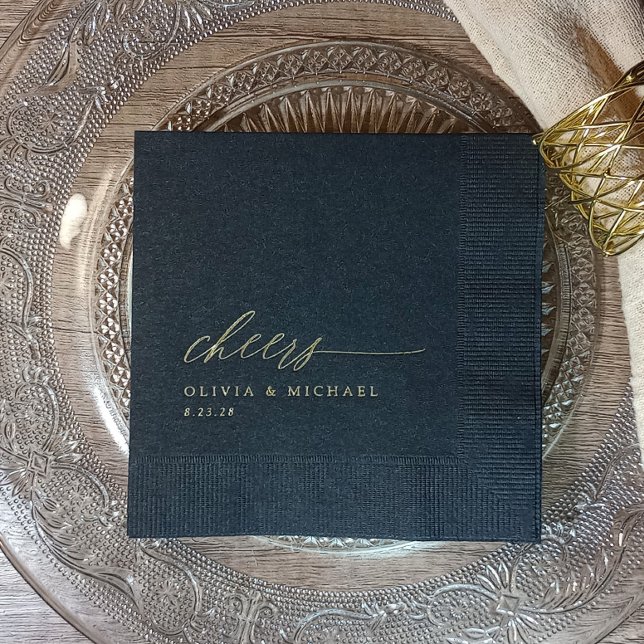 Elegant Cheers Wedding Black and Gold Servietten Mit Folie (Elegant black with gold foil Cheers wedding napkins)