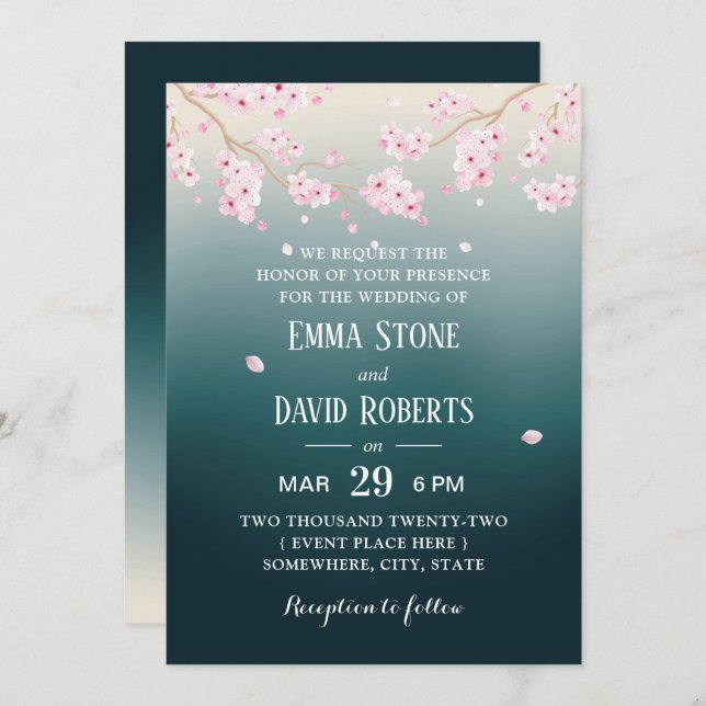 Elegant Cherry Blossom Aquamarin Ombre Floral Wedd Einladung (Vorne/Hinten)