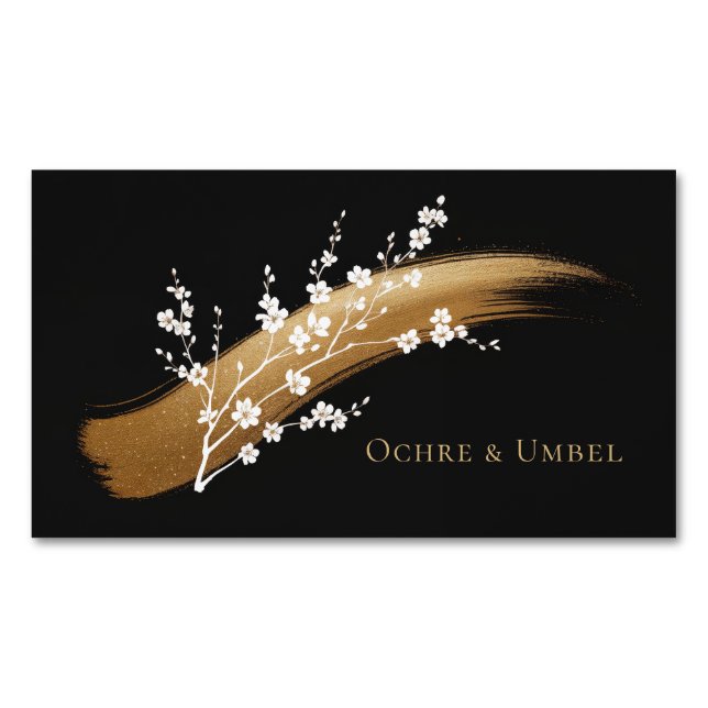 Elegant Cherry Blossom Gold Brushstroke Black Magnetische Visitenkarte (Vorderseite)