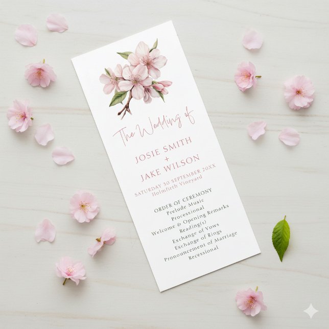 Elegant Cherry Blossom Minimalzeremonie Programm (Cherry blossom, pink wedding program.)