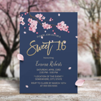 Elegant Cherry Blossom Pink Floral Navy Sweet 16 Einladung