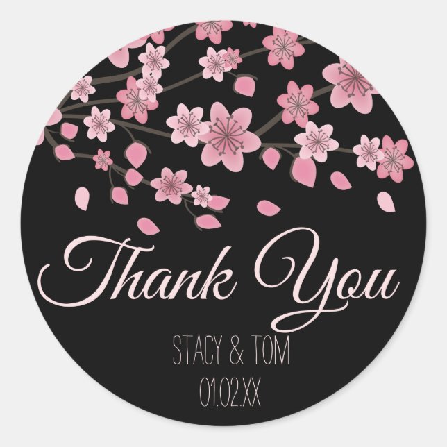 Elegant Cherry Blossom Tree Petals Black Wedding Runder Aufkleber (Vorderseite)