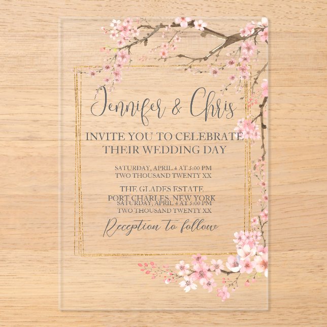 Elegant Cherry Blossom Wedding Acryleinladungen (Vorderseite)