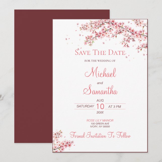 Elegant Cherry Blossom Wedding Save The Date (Vorne/Hinten)