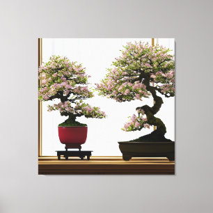 Elegant Cherry Bonsai Trees by Window Canvas Print Leinwanddruck