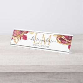 Elegant Cherry Red & Gold Monogram Script  Schreibtischnamensplakette