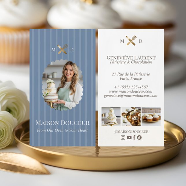 Elegant Chic Bakery Stripes & Gold Whisk Photo  Visitenkarte (Elegant Chic Bakery Stripes & Gold Whisk Photo Business Card)
