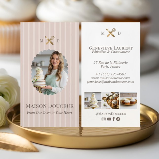 Elegant Chic Bakery Stripes & Gold Whisk Photo  Visitenkarte (Elegant Chic Bakery Stripes & Gold Whisk Photo Business Card)