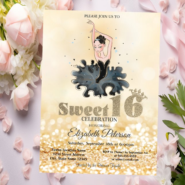 Elegant Chic Ballerina Gold Glitzer Bokeh Sweet 16 Einladung (Von Creator hochgeladen)