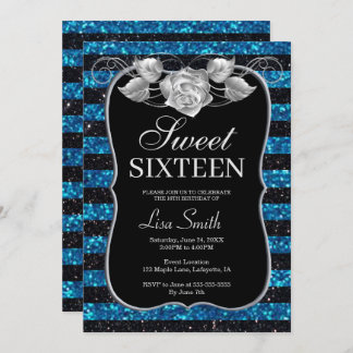 Elegant Chic Black Blue Glitzer Rose Sweet 16 Einladung