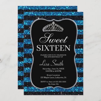 Elegant Chic Black Blue Glitzer Tiara Sweet 16 Einladung