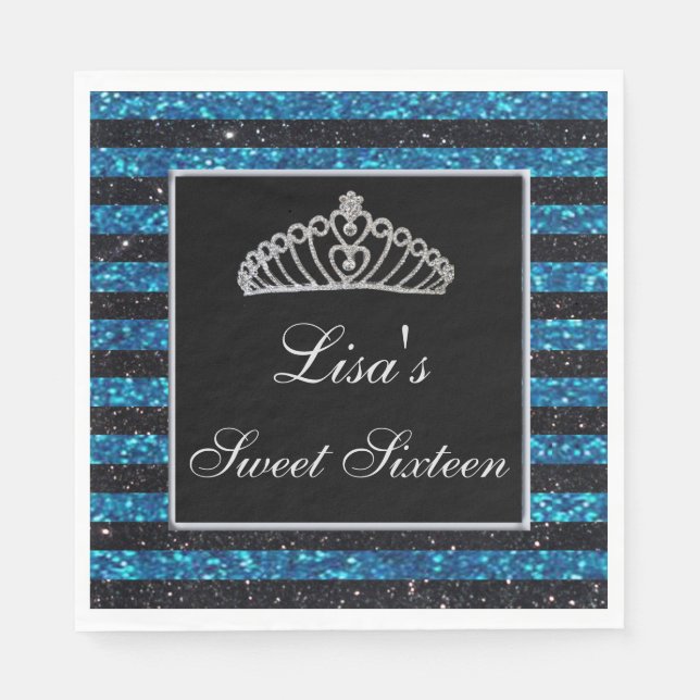 Elegant Chic Black Blue Glitzer Tiara Sweet 16 Serviette (Vorderseite)
