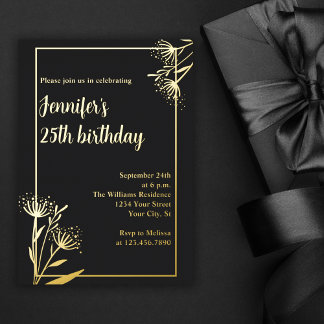 Elegant Chic Black Floral 25. Geburtstagsparty Folieneinladung