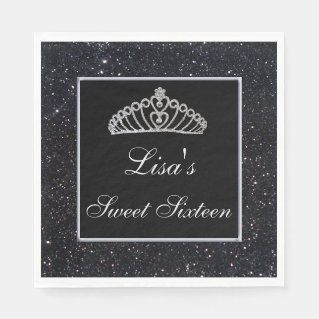 Elegant Chic Black Glitzer Tiara Sweet 16 Serviette (Vorderseite)