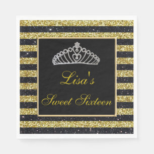 Elegant Chic Black Gold Glitzer Tiara Sweet 16 Serviette