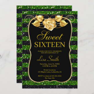 Elegant Chic Black Green Glitzer Rose Sweet 16 Einladung